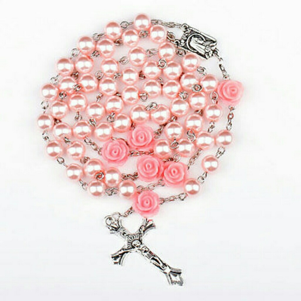 Rosary Prayer Necklace Pink Rose Crucifix NWOT